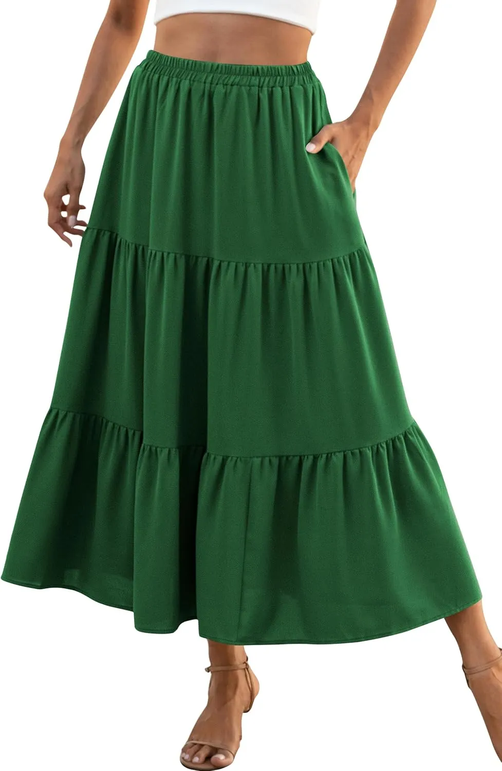 Naggoo Women's Summer Maxi Skirt Tiered A Line Ruffle Elastic High Waisted Flowy Beach Long Skirts with Pockets