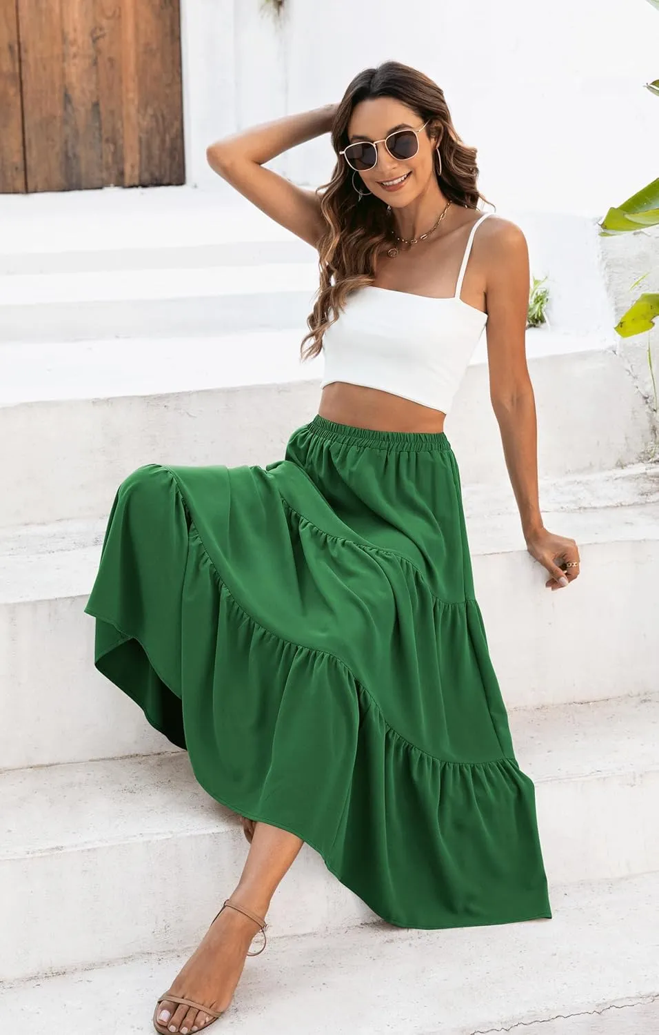 Naggoo Women's Summer Maxi Skirt Tiered A Line Ruffle Elastic High Waisted Flowy Beach Long Skirts with Pockets