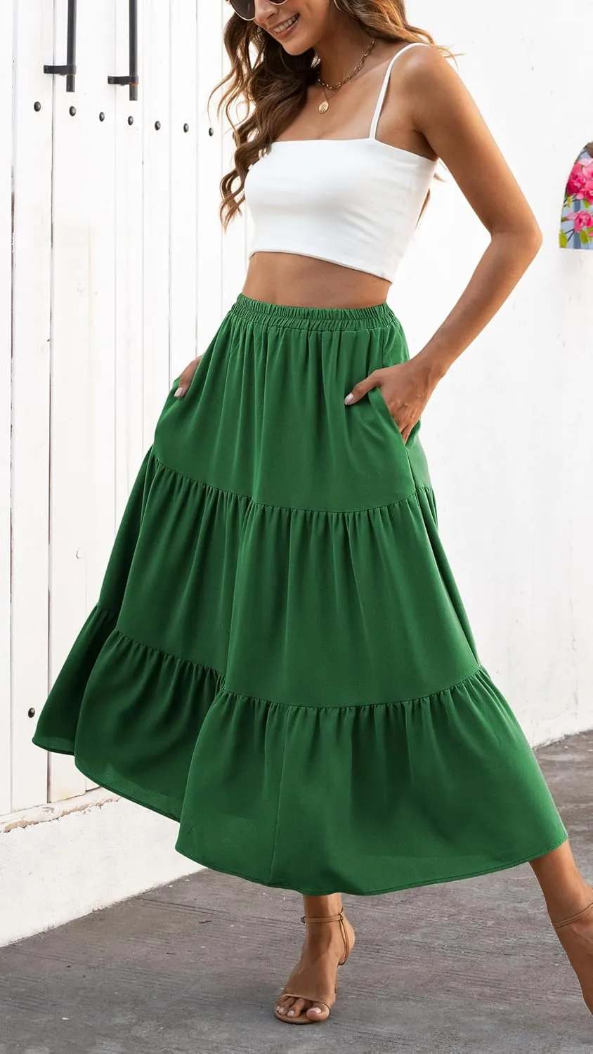 Naggoo Women's Summer Maxi Skirt Tiered A Line Ruffle Elastic High Waisted Flowy Beach Long Skirts with Pockets