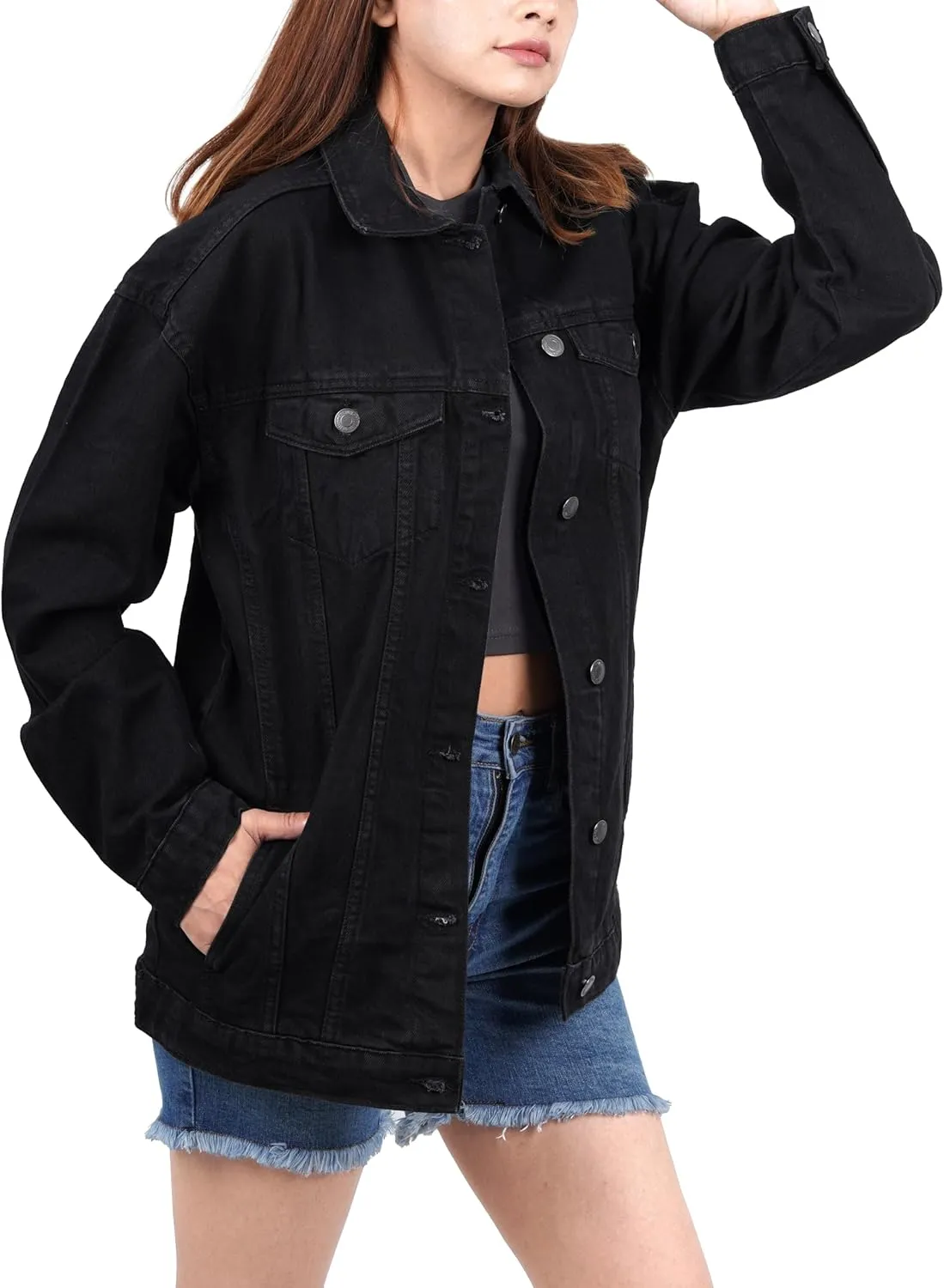 Oversized Jean Jacket for Women - Casual Trendy Fashion Denim Blue and Black Jean Jacket Women