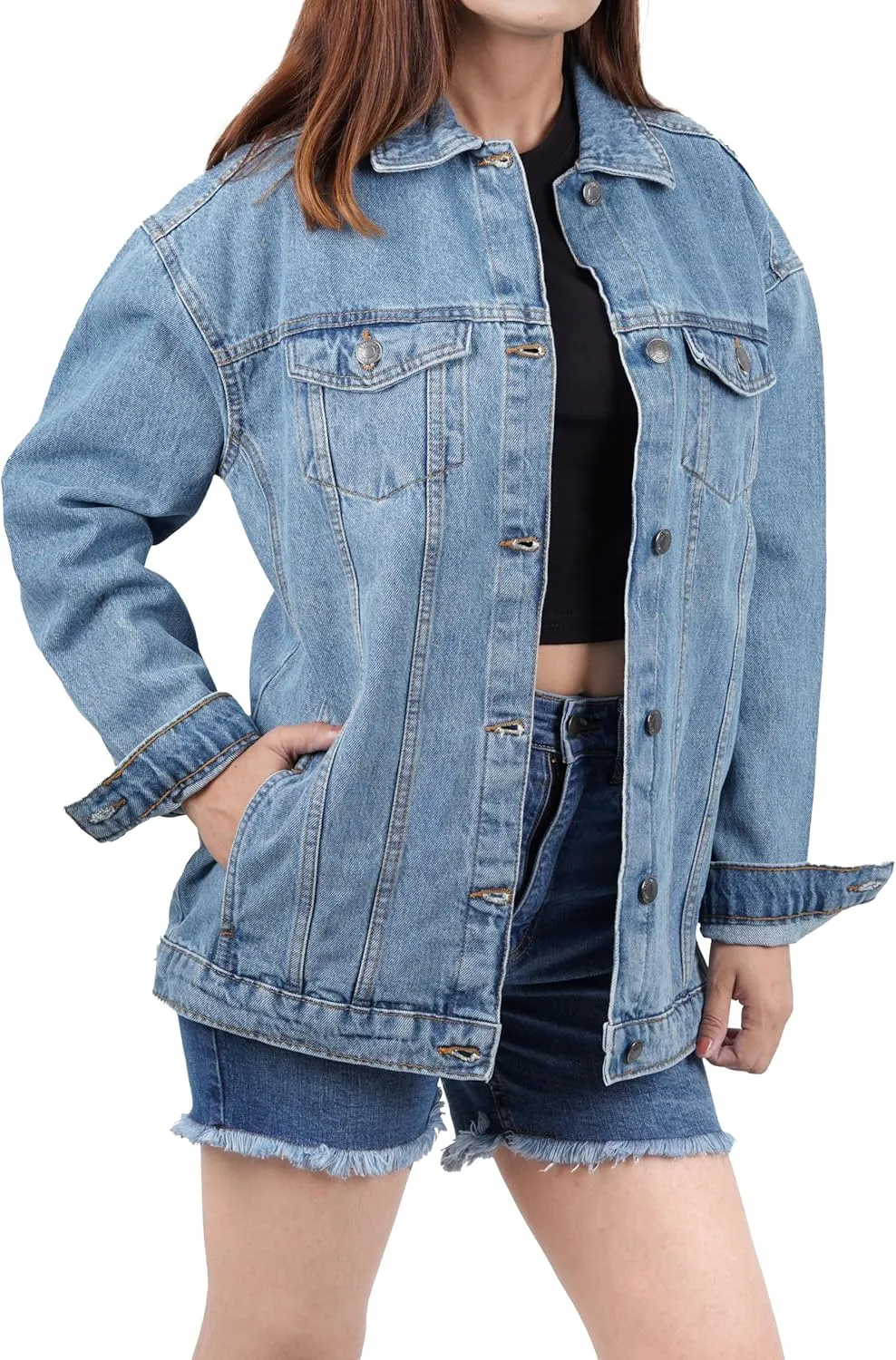 Oversized Jean Jacket for Women - Casual Trendy Fashion Denim Blue and Black Jean Jacket Women