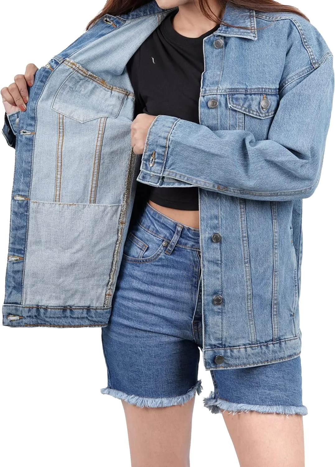 Oversized Jean Jacket for Women - Casual Trendy Fashion Denim Blue and Black Jean Jacket Women