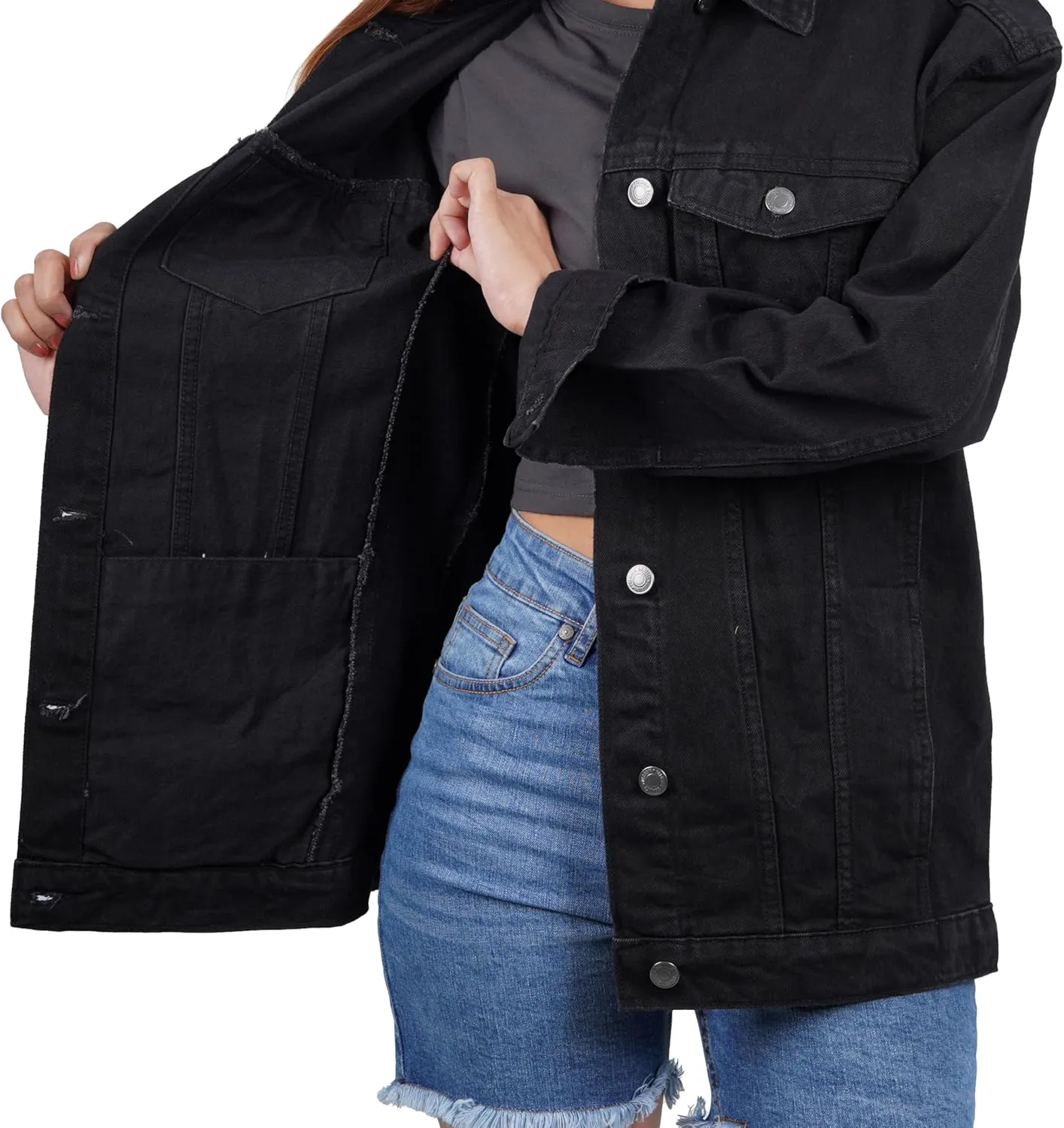 Oversized Jean Jacket for Women - Casual Trendy Fashion Denim Blue and Black Jean Jacket Women