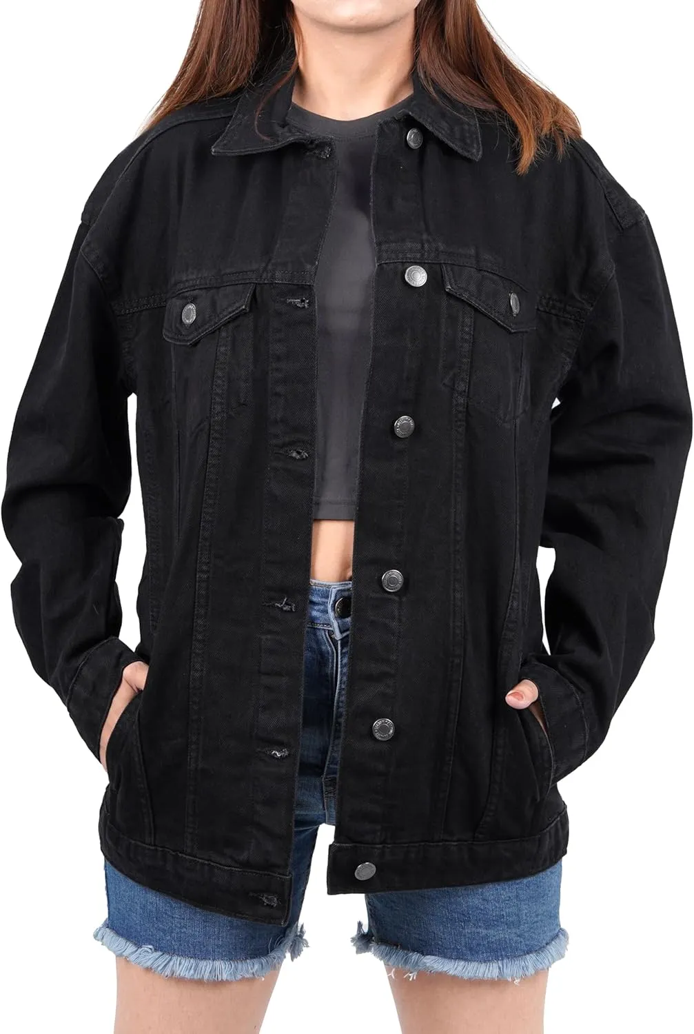 Oversized Jean Jacket for Women - Casual Trendy Fashion Denim Blue and Black Jean Jacket Women