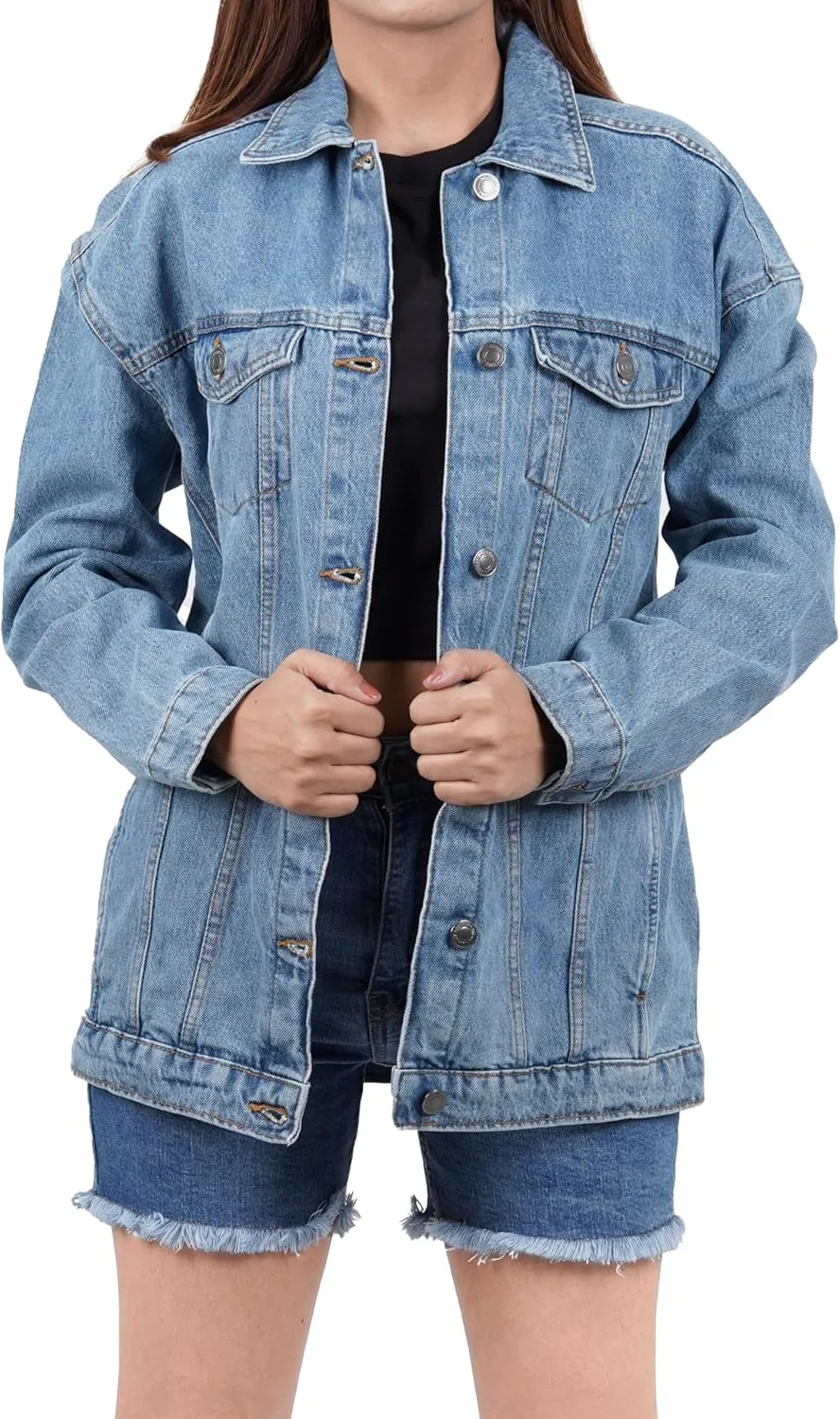 Oversized Jean Jacket for Women - Casual Trendy Fashion Denim Blue and Black Jean Jacket Women