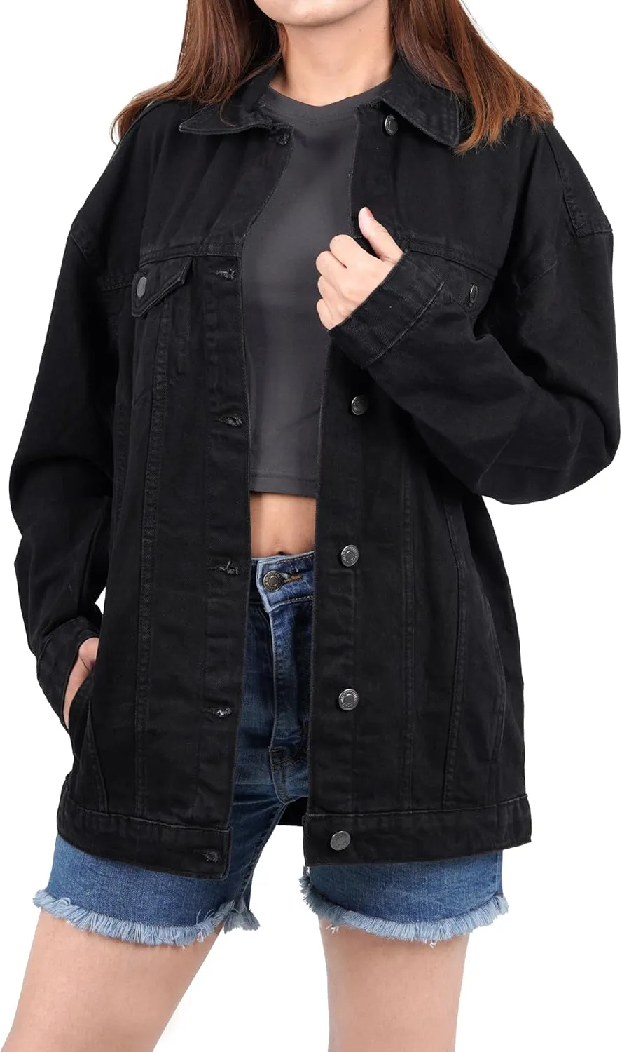 Oversized Jean Jacket for Women - Casual Trendy Fashion Denim Blue and Black Jean Jacket Women