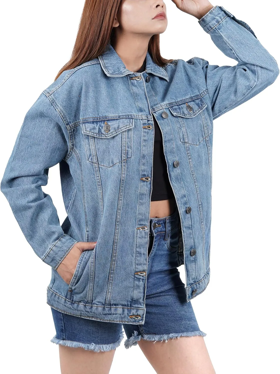 Oversized Jean Jacket for Women - Casual Trendy Fashion Denim Blue and Black Jean Jacket Women