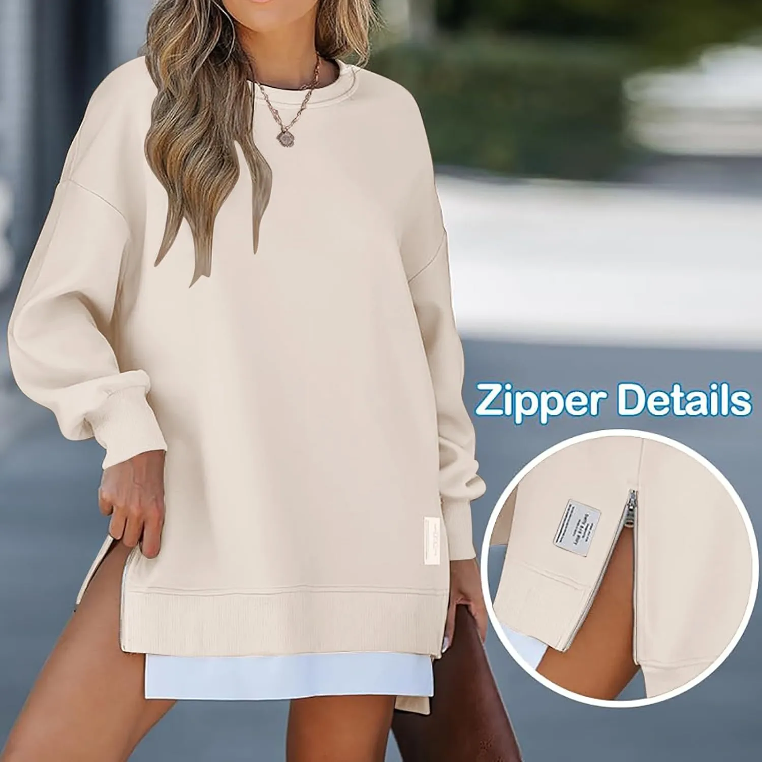 Oversized Sweatshirt for Women Long Sleeve Crewneck Casual Pullover Shirts Trendy 2024 Side Slit Solid Color Outwears