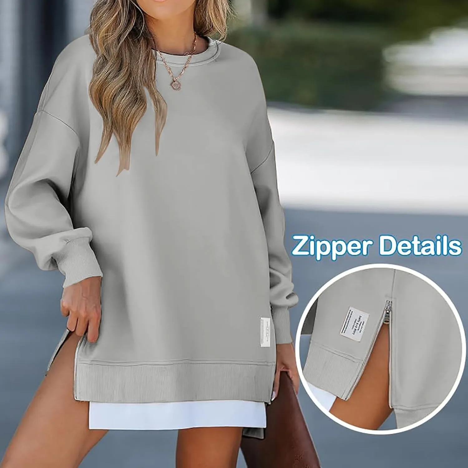 Oversized Sweatshirt for Women Long Sleeve Crewneck Casual Pullover Shirts Trendy 2024 Side Slit Solid Color Outwears