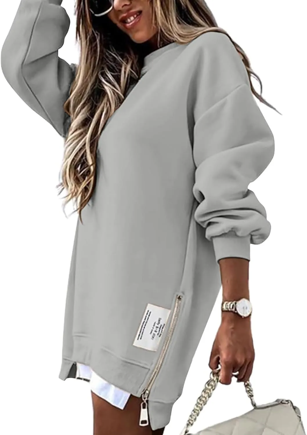 Oversized Sweatshirt for Women Long Sleeve Crewneck Casual Pullover Shirts Trendy 2024 Side Slit Solid Color Outwears