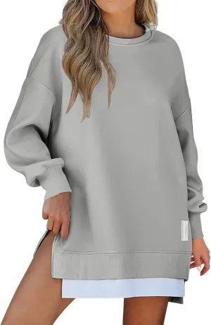 Oversized Sweatshirt for Women Long Sleeve Crewneck Casual Pullover Shirts Trendy 2024 Side Slit Solid Color Outwears