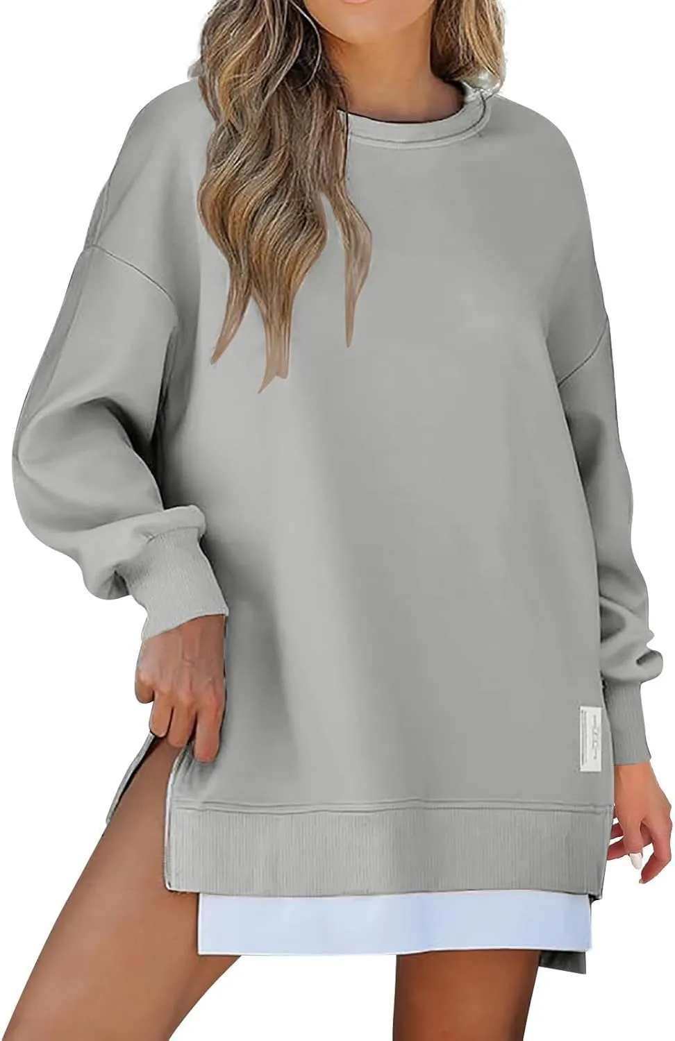 Oversized Sweatshirt for Women Long Sleeve Crewneck Casual Pullover Shirts Trendy 2024 Side Slit Solid Color Outwears