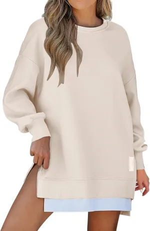 Oversized Sweatshirt for Women Long Sleeve Crewneck Casual Pullover Shirts Trendy 2024 Side Slit Solid Color Outwears