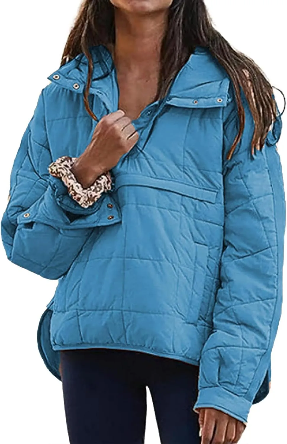Pullover Puffer Jacket for Women Long Sleeve Oversized Quilted Jackets Solid Color Hooded Sweatshirt Fall Comfy Outwear