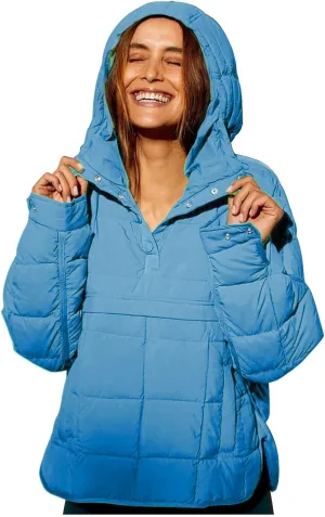 Pullover Puffer Jacket for Women Long Sleeve Oversized Quilted Jackets Solid Color Hooded Sweatshirt Fall Comfy Outwear