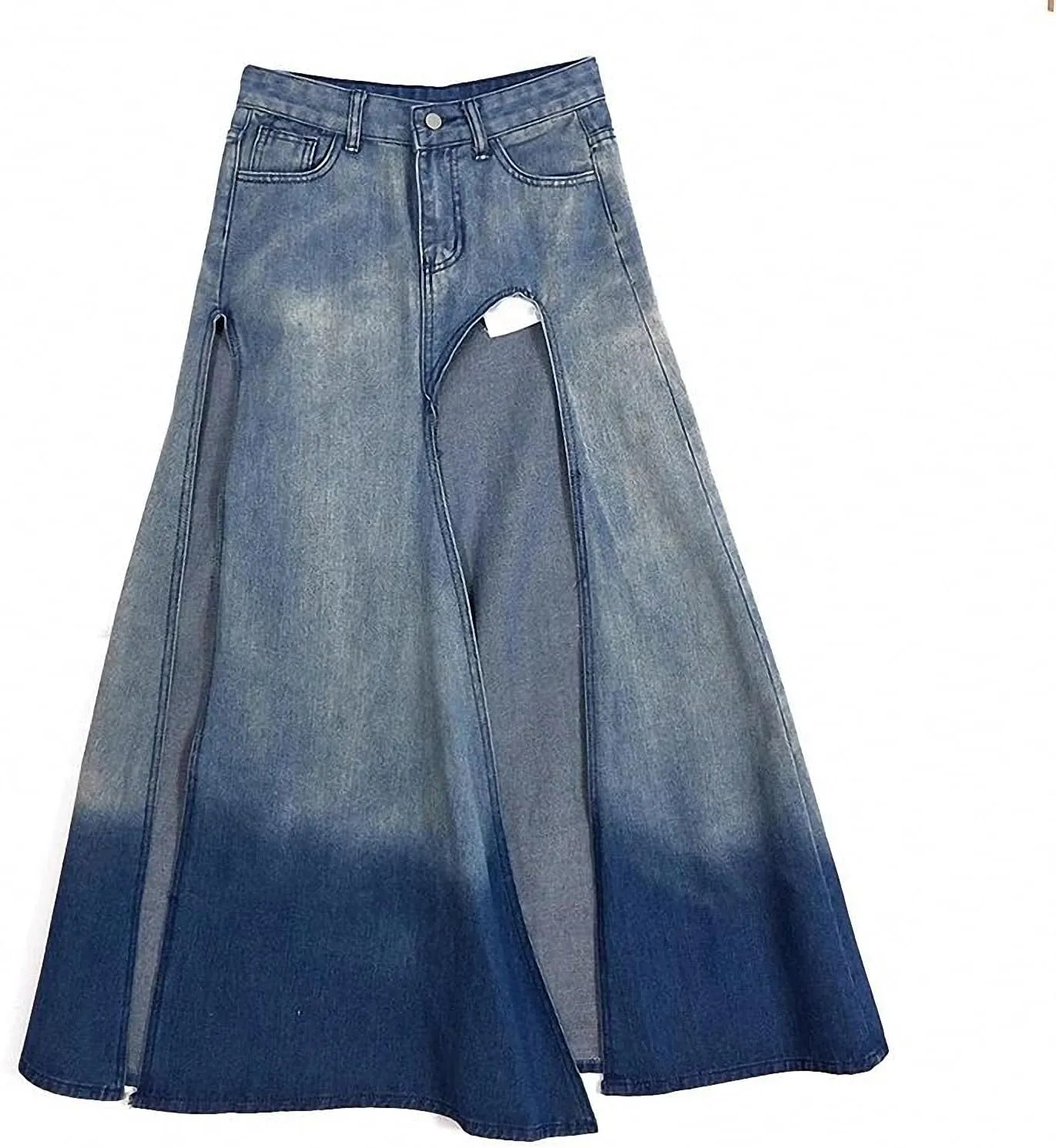Spring Summer Denim Skirt Women Casual Streetwear High Split Sexy High Waisted Maxi Skirts Gradient Asymmetrical