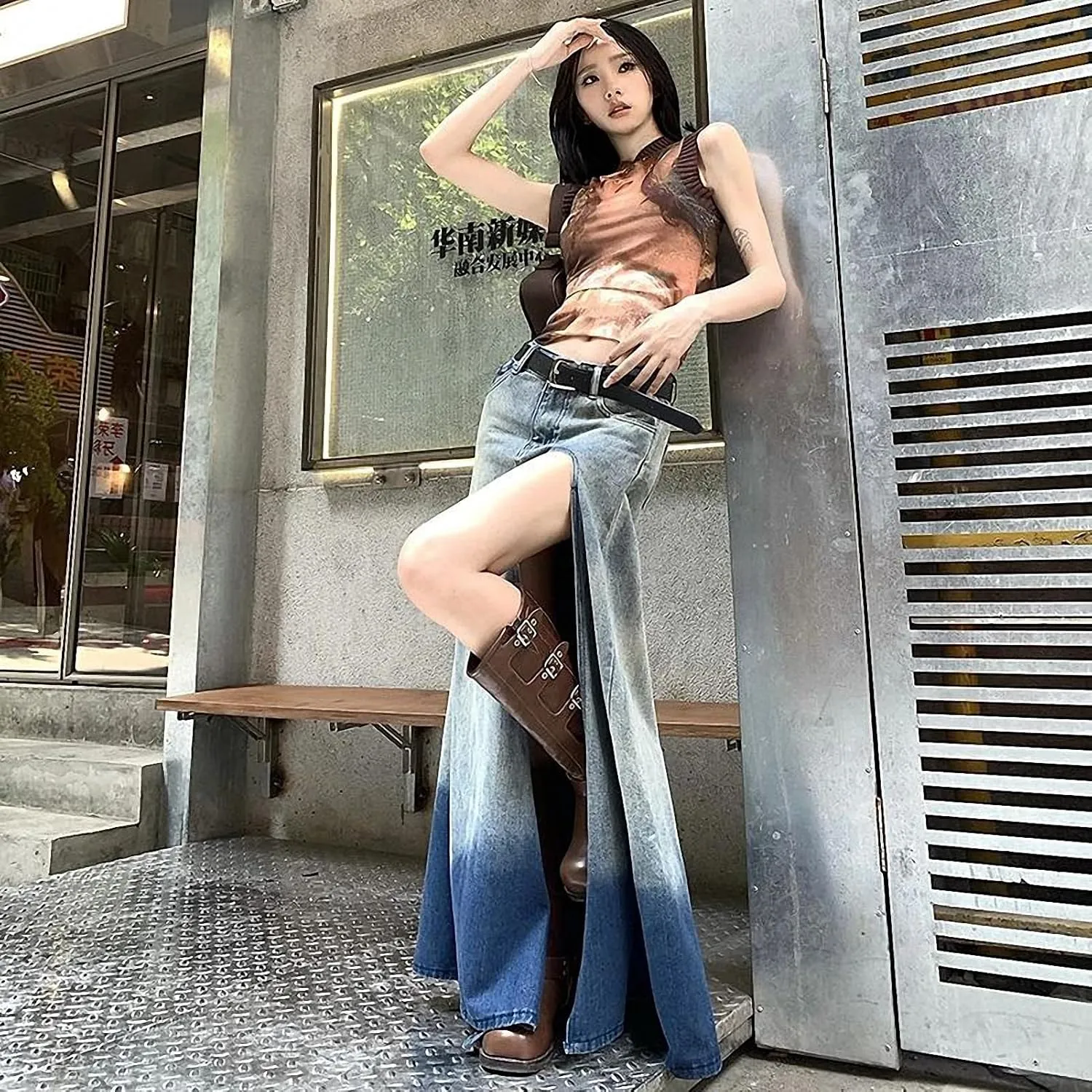 Spring Summer Denim Skirt Women Casual Streetwear High Split Sexy High Waisted Maxi Skirts Gradient Asymmetrical