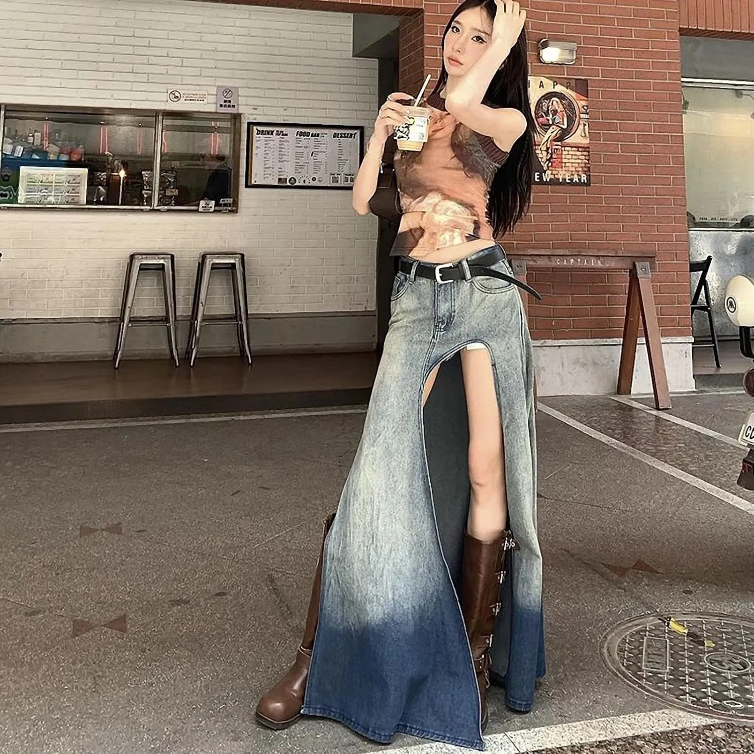 Spring Summer Denim Skirt Women Casual Streetwear High Split Sexy High Waisted Maxi Skirts Gradient Asymmetrical
