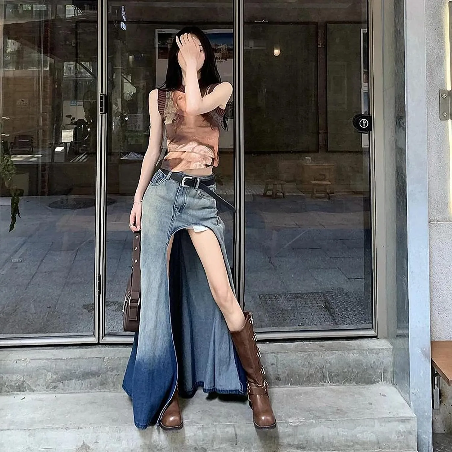 Spring Summer Denim Skirt Women Casual Streetwear High Split Sexy High Waisted Maxi Skirts Gradient Asymmetrical