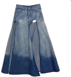 Spring Summer Denim Skirt Women Casual Streetwear High Split Sexy High Waisted Maxi Skirts Gradient Asymmetrical