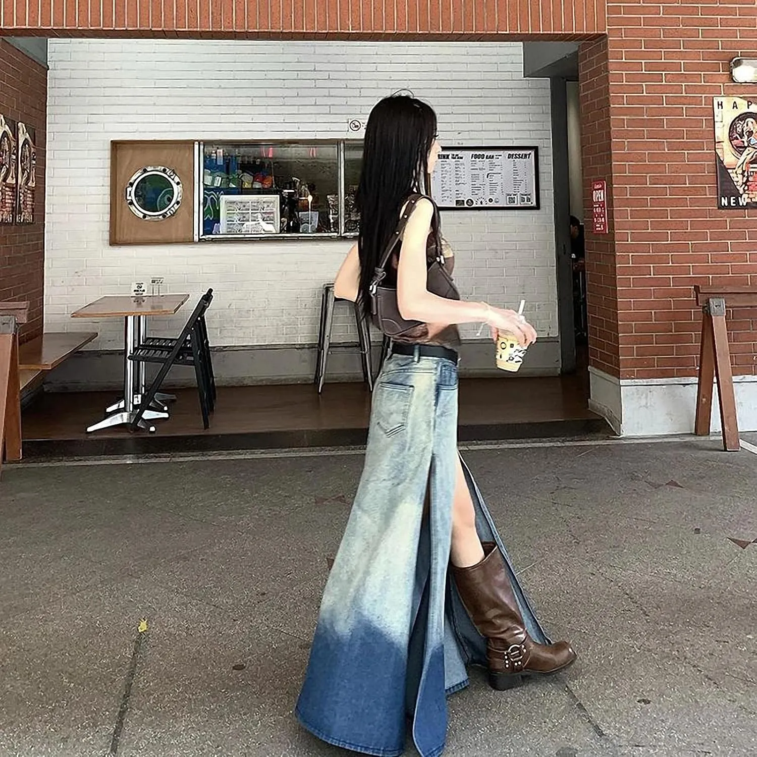 Spring Summer Denim Skirt Women Casual Streetwear High Split Sexy High Waisted Maxi Skirts Gradient Asymmetrical