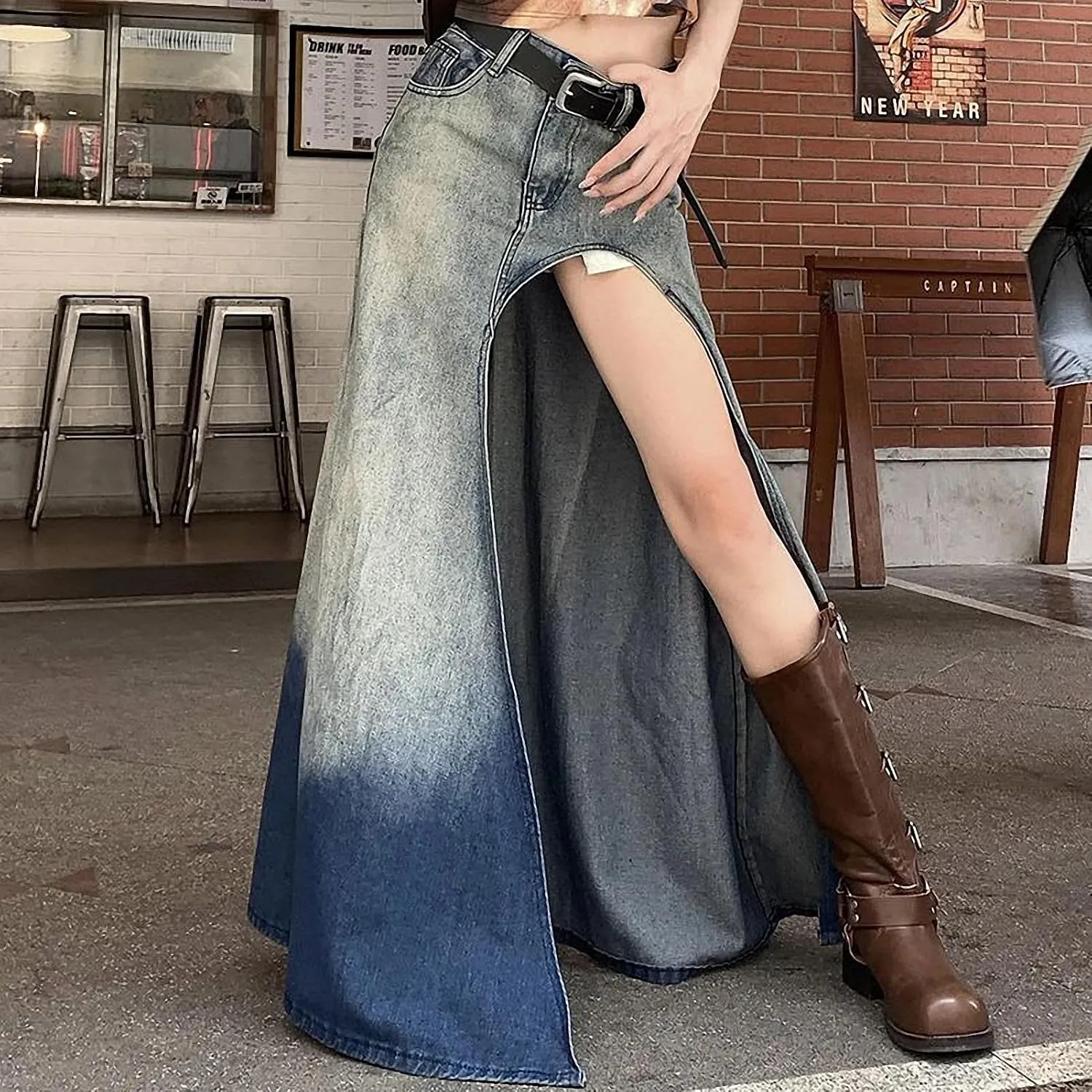 Spring Summer Denim Skirt Women Casual Streetwear High Split Sexy High Waisted Maxi Skirts Gradient Asymmetrical