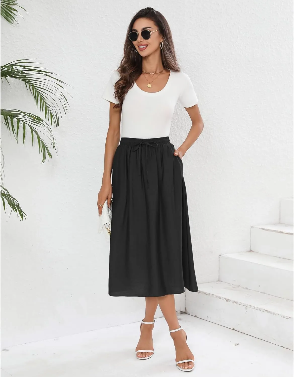Summer Skirts with Pockets 2025 Boho Midi Length Skirt High Waisted Beach Cover Up for Women Trendy(S-2XL)