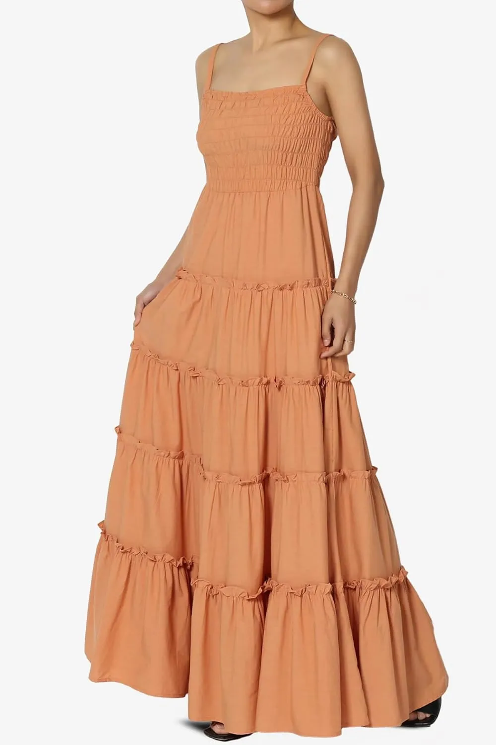 TheMogan Women's Chic Smocked Cami Tiered Maxi Dress Spaghetti Strap A-Line Skirt Summer Casual