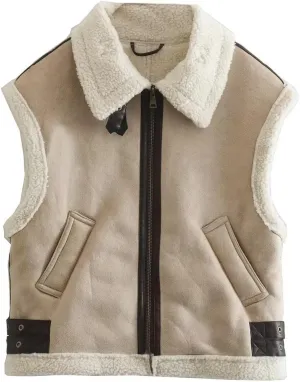 Uillui Women's Winter Trendy Crop Sherpa Lined Suede Leather Vest Jacket Zip Up Sleeveless Lambwool Fur Coat with Pockets