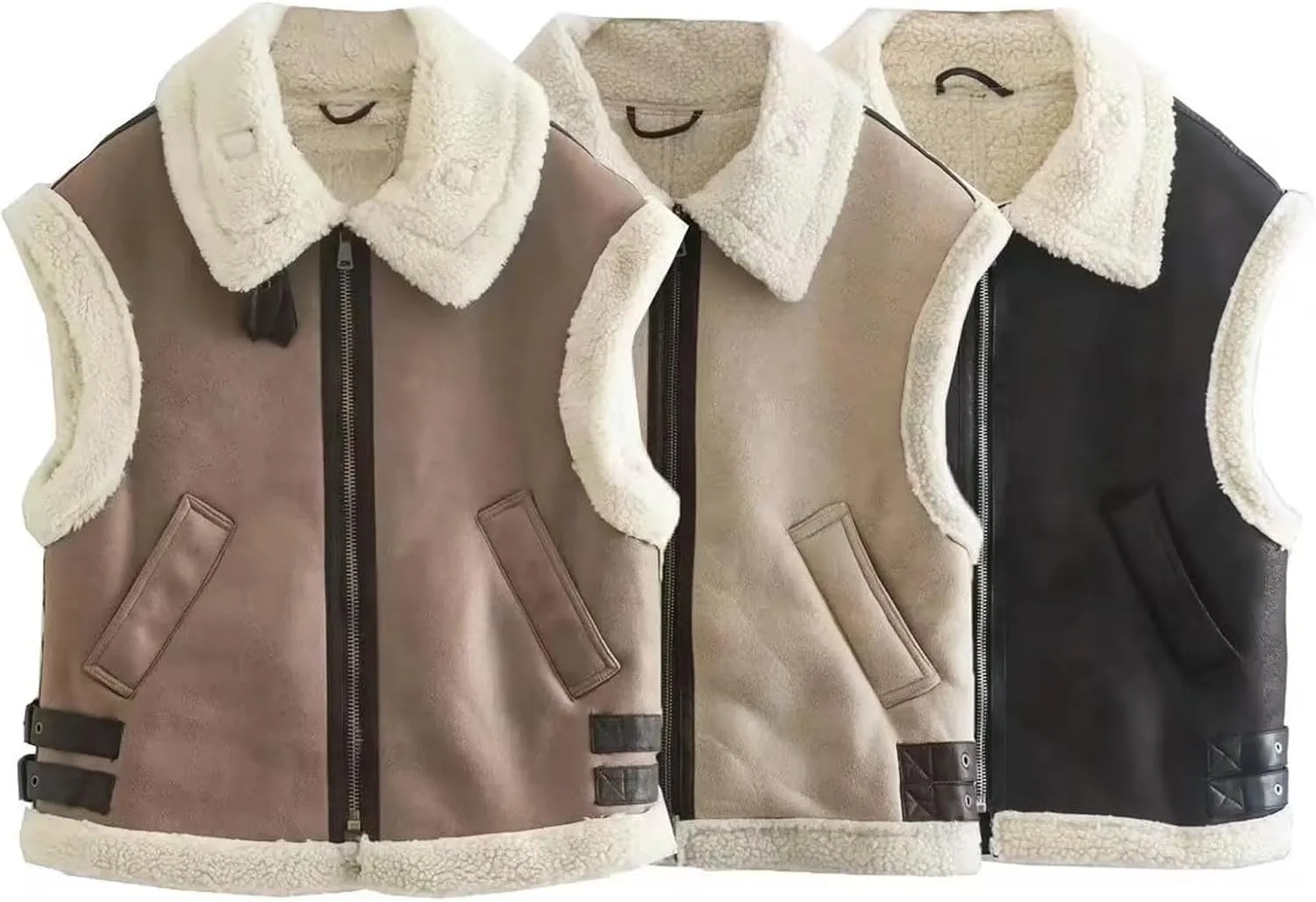 Uillui Women's Winter Trendy Crop Sherpa Lined Suede Leather Vest Jacket Zip Up Sleeveless Lambwool Fur Coat with Pockets