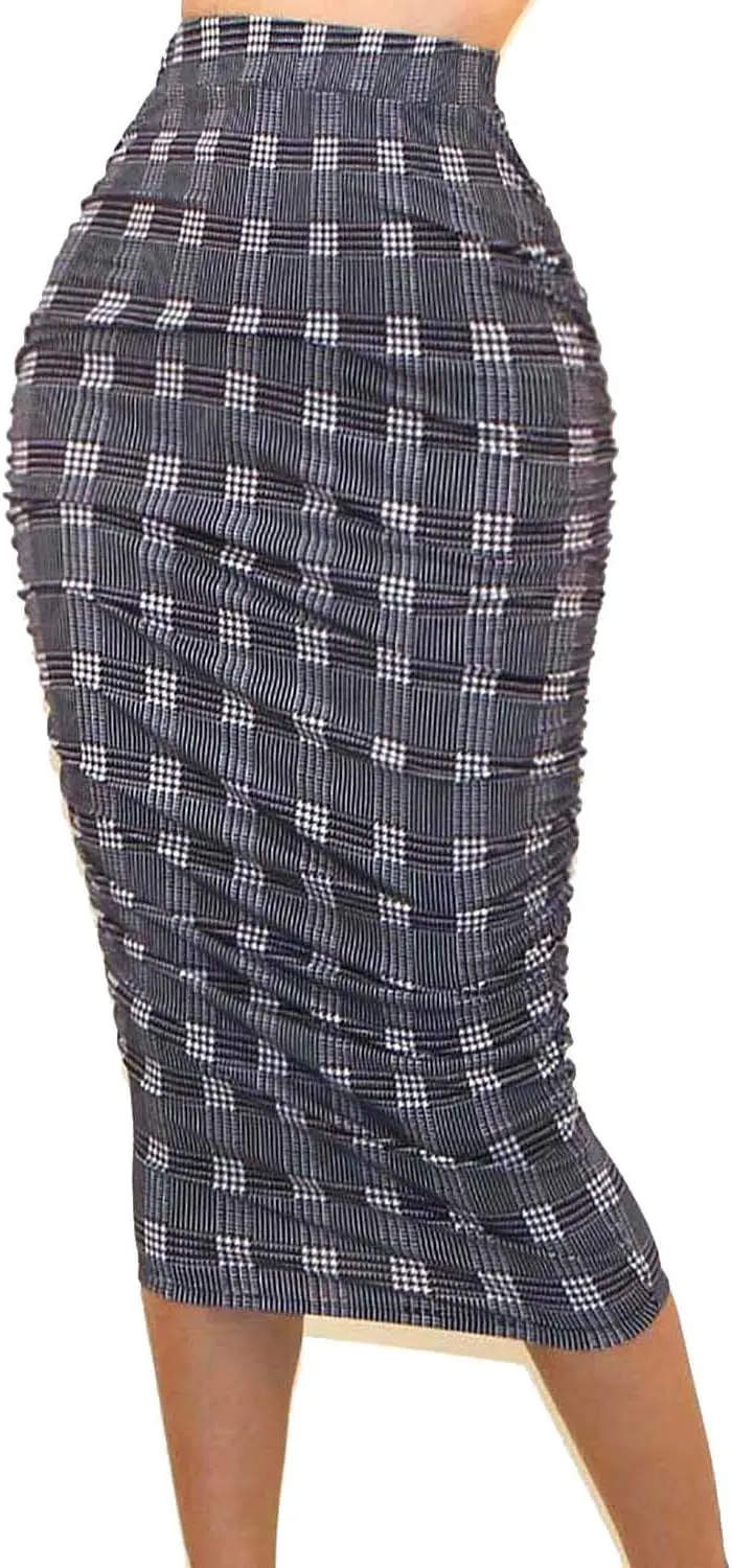 Vivicastle Women's USA Ruched Frill Ruffle High Waist Pencil Mid-Calf Skirt