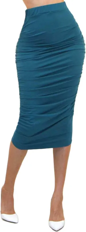 Vivicastle Women's USA Ruched Frill Ruffle High Waist Pencil Mid-Calf Skirt