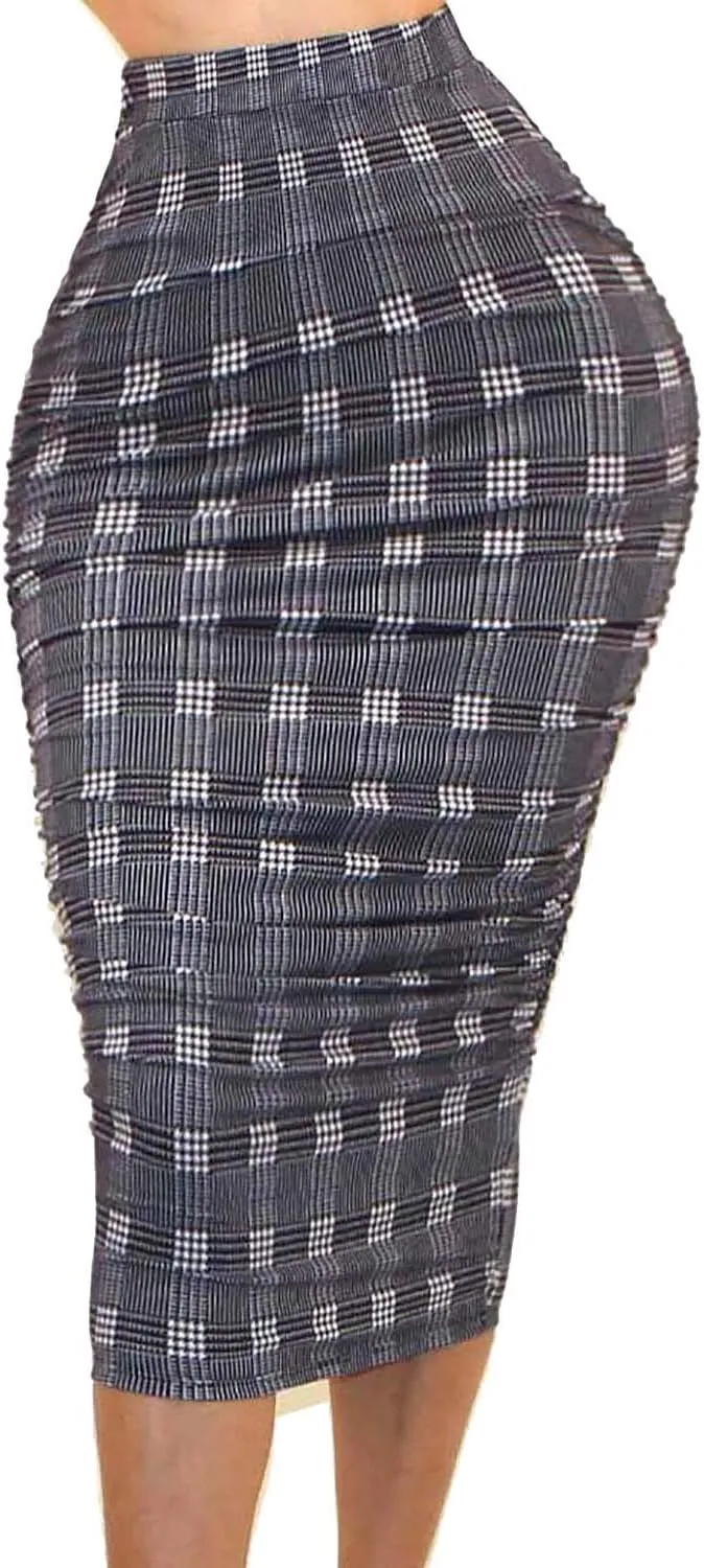 Vivicastle Women's USA Ruched Frill Ruffle High Waist Pencil Mid-Calf Skirt