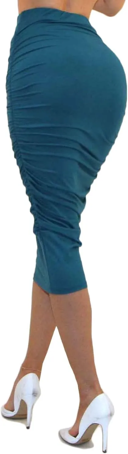 Vivicastle Women's USA Ruched Frill Ruffle High Waist Pencil Mid-Calf Skirt