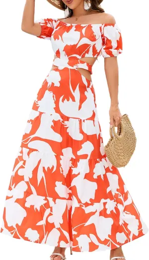 Women High Waist Floral Print Large Hem Long Dress Robe Female Clothes 2024 Chic Sexy Off The Shoulder Maxi Dresses