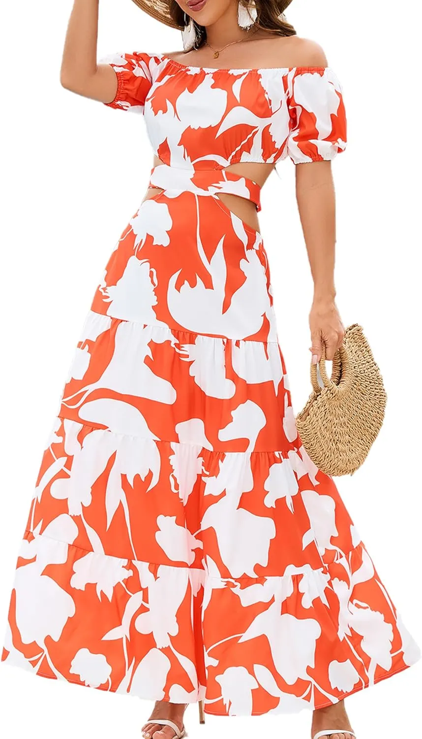 Women High Waist Floral Print Large Hem Long Dress Robe Female Clothes 2024 Chic Sexy Off The Shoulder Maxi Dresses