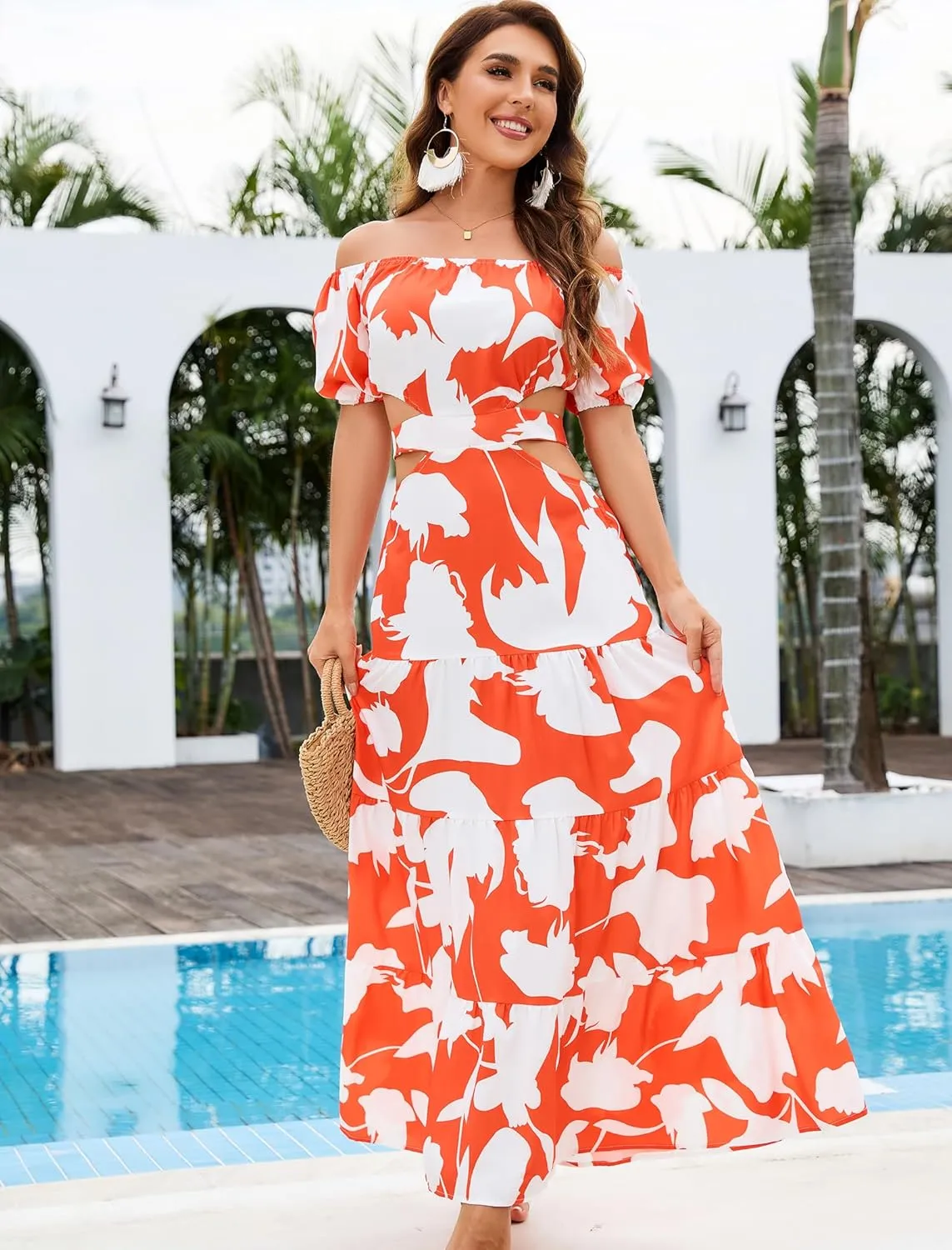 Women High Waist Floral Print Large Hem Long Dress Robe Female Clothes 2024 Chic Sexy Off The Shoulder Maxi Dresses