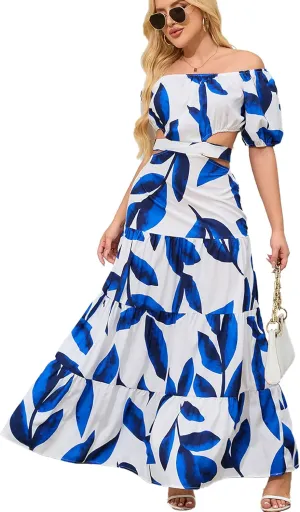 Women High Waist Floral Print Large Hem Long Dress Robe Female Clothes 2024 Chic Sexy Off The Shoulder Maxi Dresses