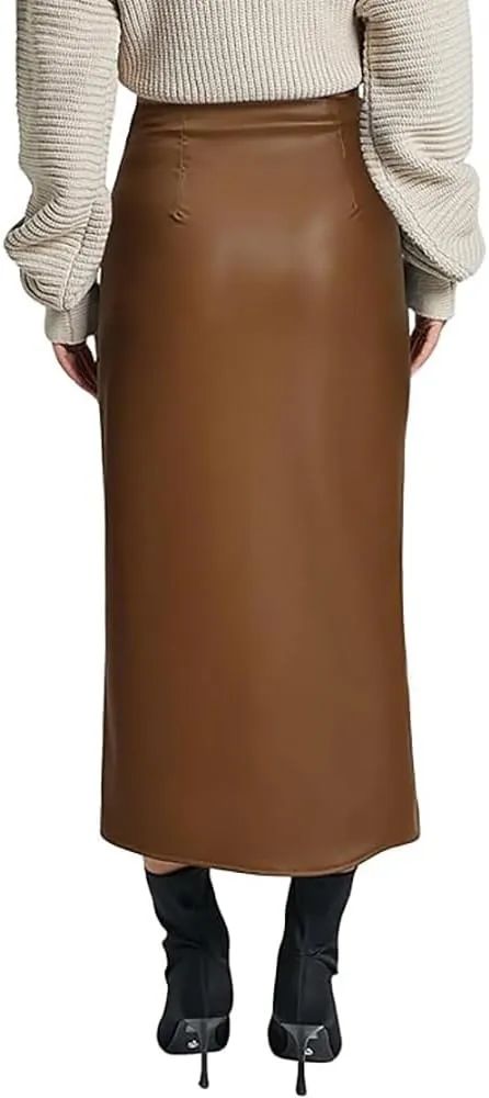 Women High Waisted Slit Faux Leather Skirt PU Leather Bodycon Split Thigh Long Skirt