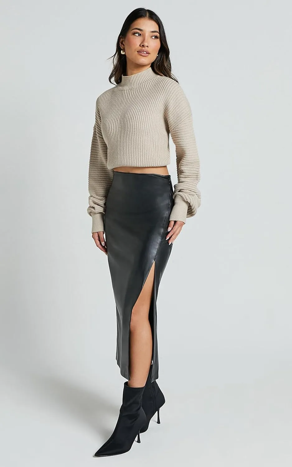 Women High Waisted Slit Faux Leather Skirt PU Leather Bodycon Split Thigh Long Skirt