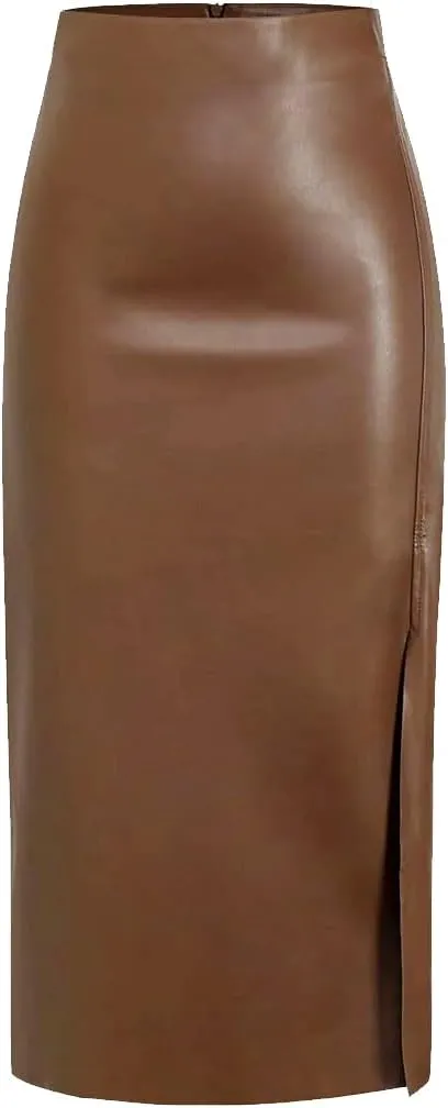 Women High Waisted Slit Faux Leather Skirt PU Leather Bodycon Split Thigh Long Skirt