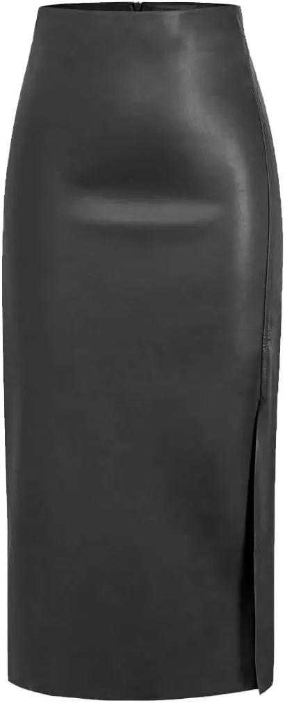 Women High Waisted Slit Faux Leather Skirt PU Leather Bodycon Split Thigh Long Skirt