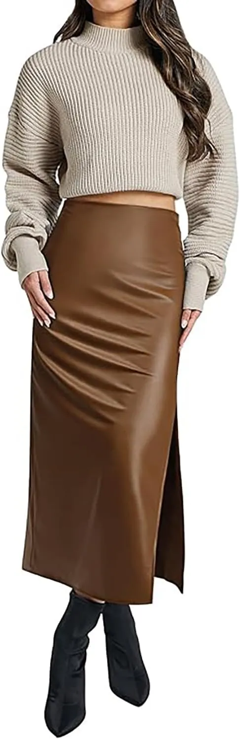 Women High Waisted Slit Faux Leather Skirt PU Leather Bodycon Split Thigh Long Skirt