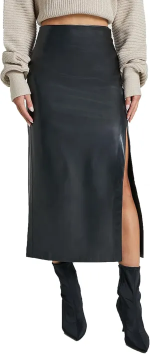 Women High Waisted Slit Faux Leather Skirt PU Leather Bodycon Split Thigh Long Skirt