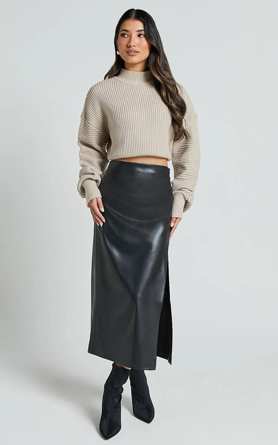 Women High Waisted Slit Faux Leather Skirt PU Leather Bodycon Split Thigh Long Skirt