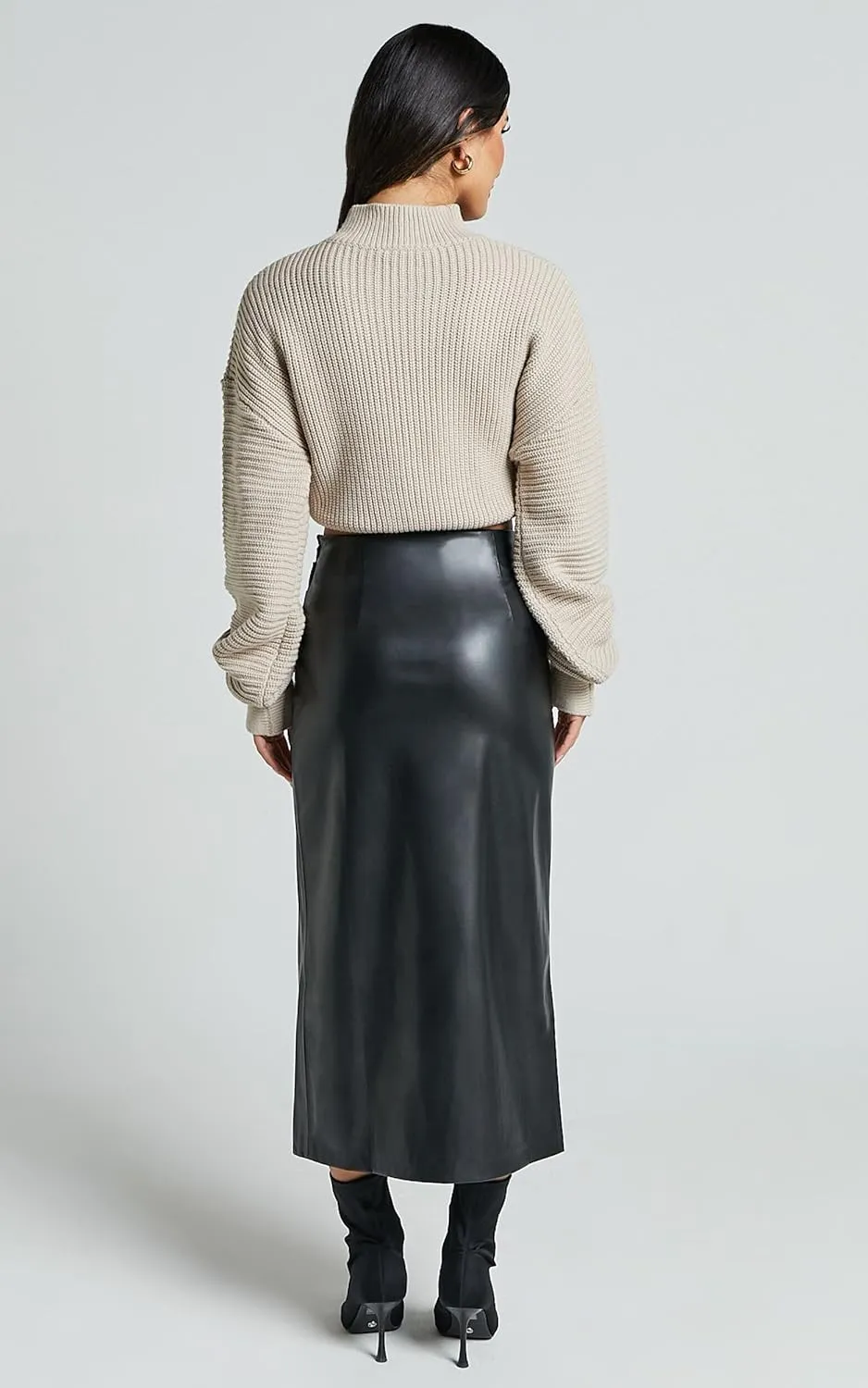Women High Waisted Slit Faux Leather Skirt PU Leather Bodycon Split Thigh Long Skirt