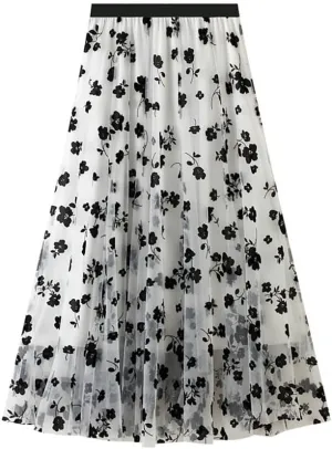 Women Tutu Tulle Skirt Black Floral Print Mesh A-Line Midi Skirt Lady Pleated Skirt Elastic High Waist Layered Skirt, White