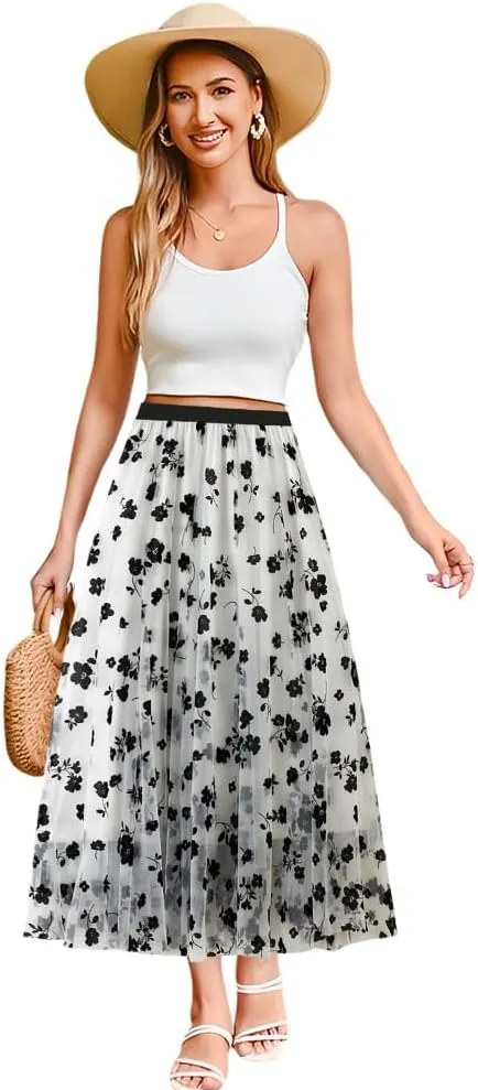Women Tutu Tulle Skirt Black Floral Print Mesh A-Line Midi Skirt Lady Pleated Skirt Elastic High Waist Layered Skirt, White
