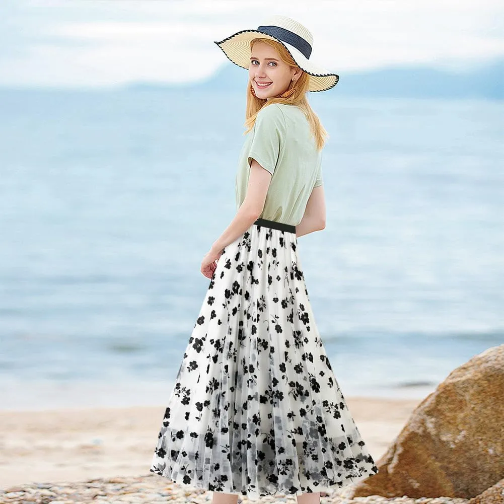 Women Tutu Tulle Skirt Elastic High Waist Layered Skirt Black Floral Print Mesh A-Line Midi Skirt Lady Pleated Skirt, Blue