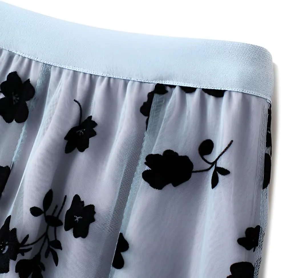 Women Tutu Tulle Skirt Elastic High Waist Layered Skirt Black Floral Print Mesh A-Line Midi Skirt Lady Pleated Skirt, Blue